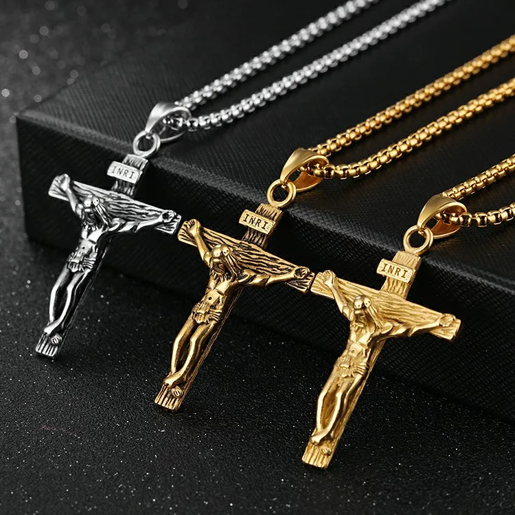 Stainless Steel Gold Plated Religious Cross Necklace Jesus Christian Jewelry Pendant