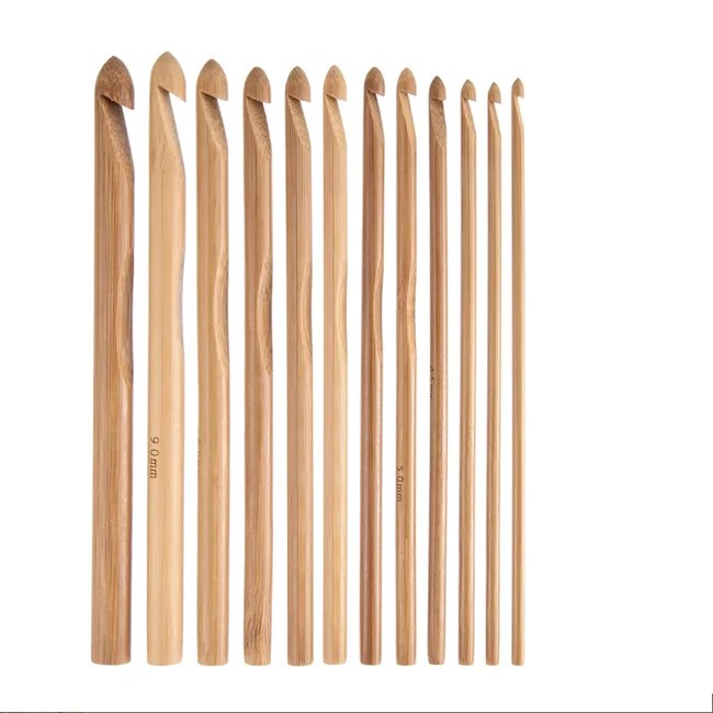 12 Pieces Wooden Bamboo 3 to 25 mm Crochet Hooks Set Handcrafted Knitting Needles