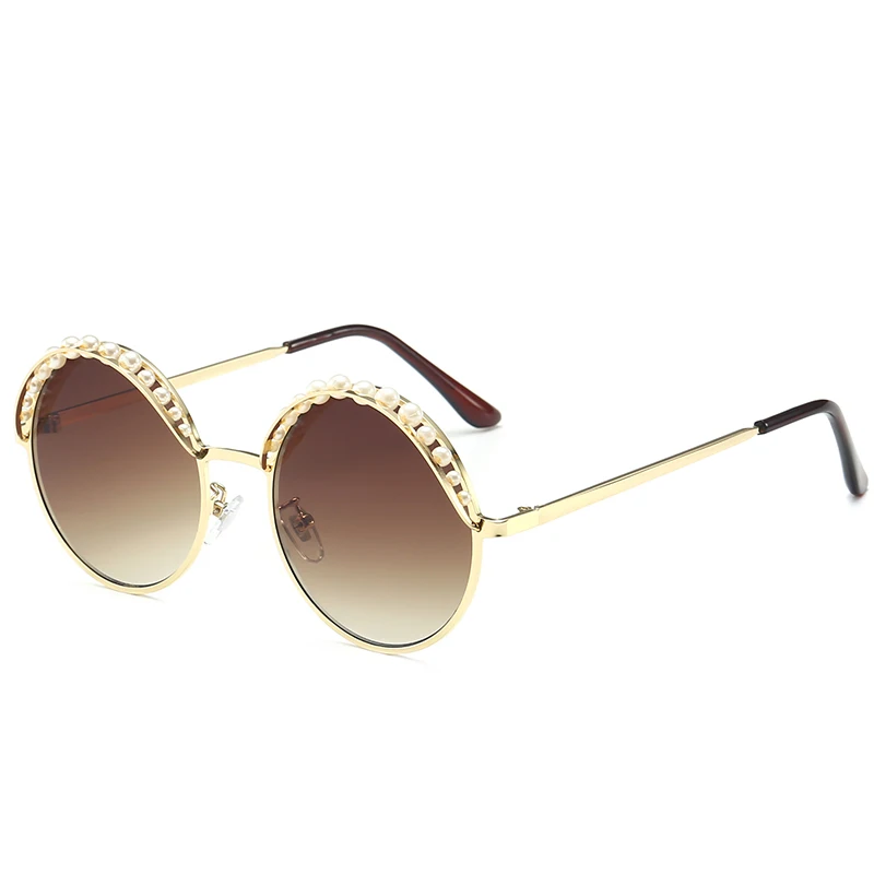 New designer pearl round sunglasses metal frame women sunglasses