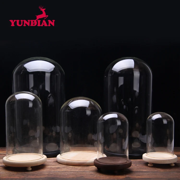 Factory Wholesale Different Size Oval Shape Bell Display Cloche Transparent Clear Glass Dome With Base Wood For Home Decor