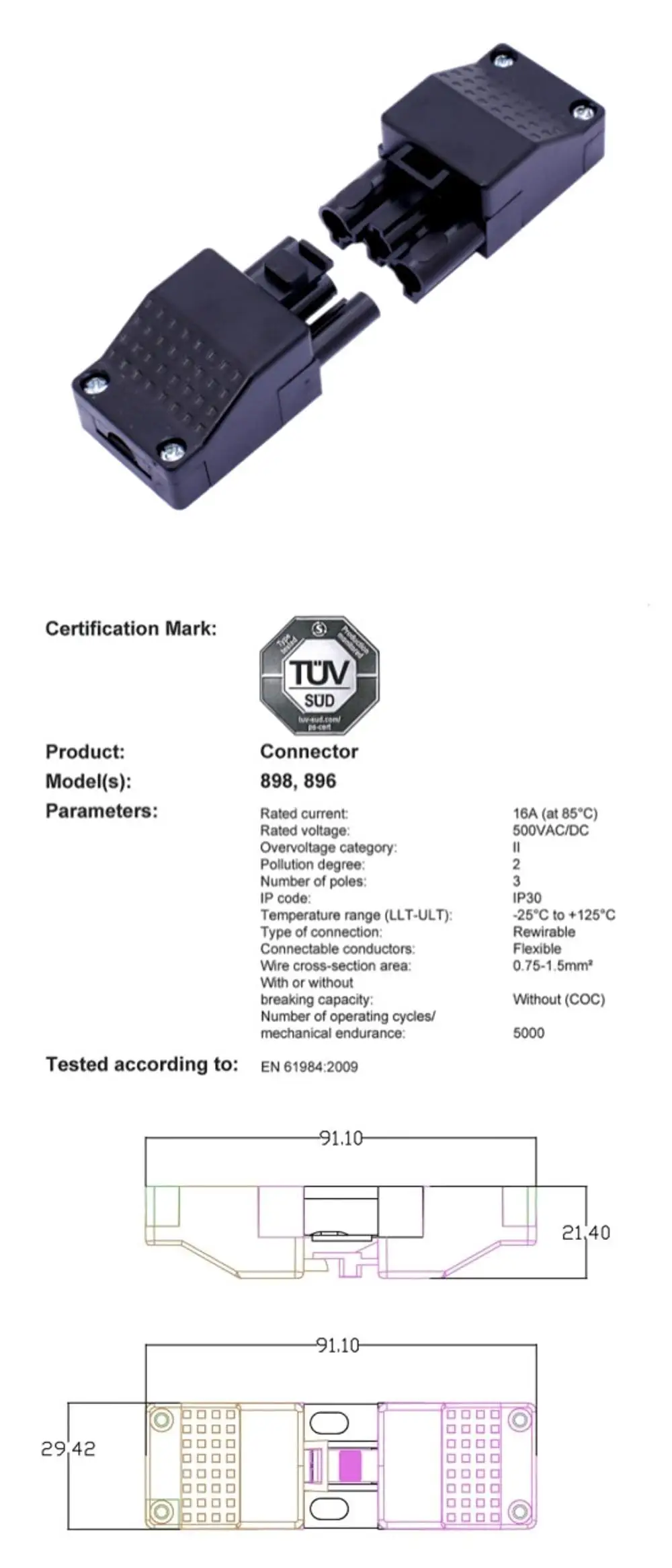 ETL TUV CQC listed 16A 500V high voltage electrical male connector female connector