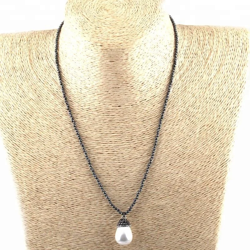 Fashion Women Mini Hematite Stone Beads collar de perlas Freshwater Pearl Crystal paved Charm Pendant Necklace