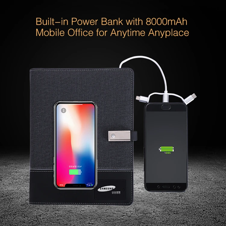  A5 пользовательский бренд PU кожаный ноутбук с внешним аккумулятором беспроводной зарядки USB драйвер.