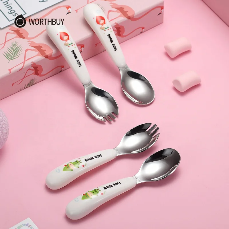 WORTHBUY Cute Cartoon Cutlery Set For Kids 304 Stainless Steel Tableware Plastic Handle Fork Spoon Dinnerware Kitchen Dinner Set