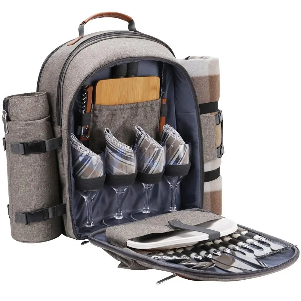 
Custom Camping Bag 4 persons Picnic Backpack with Tableware and Wine Bottle Holder 