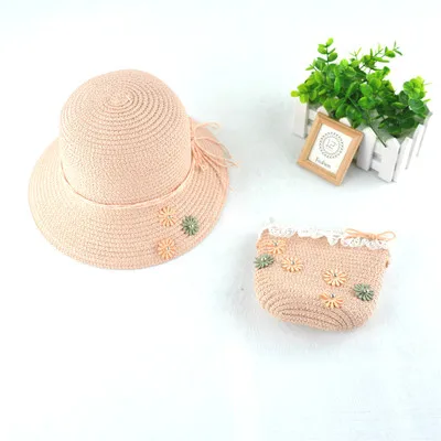 D1100 Mom and Baby Hat Summer Beach Visor Hat Bowknot Straw Hats with Bag (62160271496)
