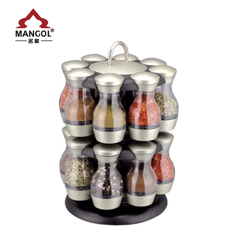 16 Jar Revolving Stainless Steel Glass Kitchen Storage Spice Jars Rack Set