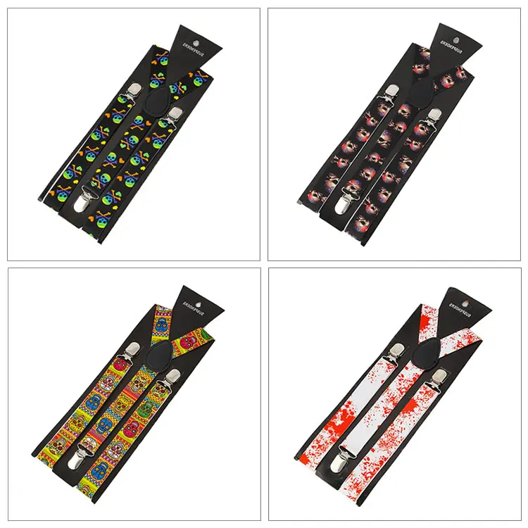
Custom Personalized Logo Pattern Digital Screen Print Festival Design Y Back Printing Suspenders with 3 Metal Clips 