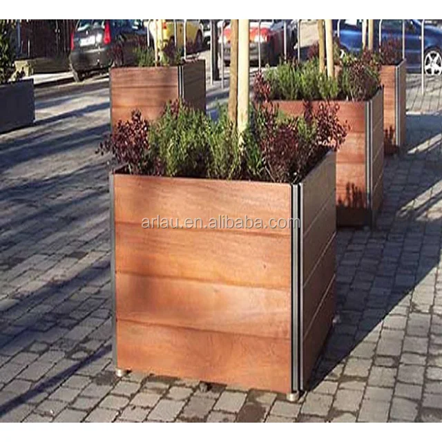 chinese large long square urban street outdoor garden wooden tree planter pot