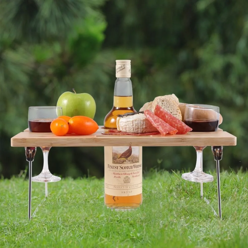 Bamboo Portable and Folding Wine and Snack Table for Picnic Outdoor on the Beach Park or Indoor Bed