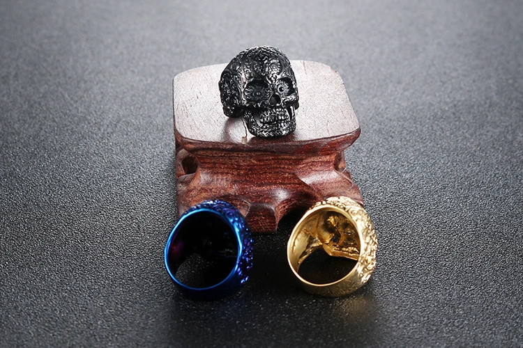 Hiphop style Gold Ion Plated Flower Skull Titanium Rings for men women In Stock
