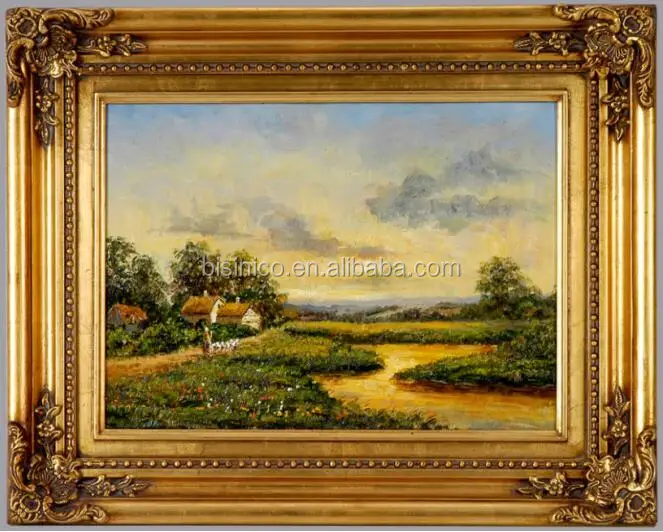 Classic Antique Golden Carved Square Framed Oil Painting, Landscape Handmade Oil Painting