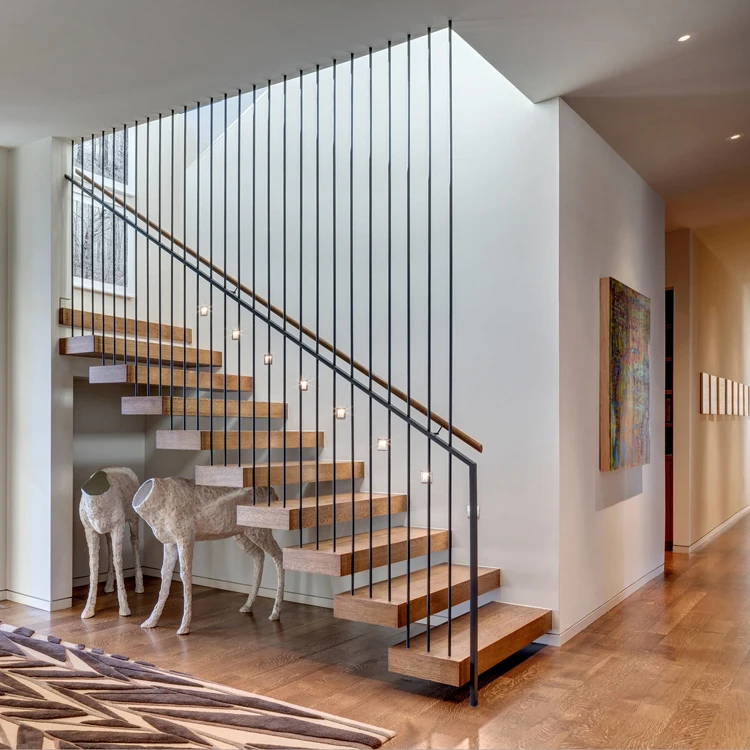Прямая плавающая лестница, выполненная по индивидуальному заказу с деревянными ступеньками и закаленными стеклянными перилами, лестничная система