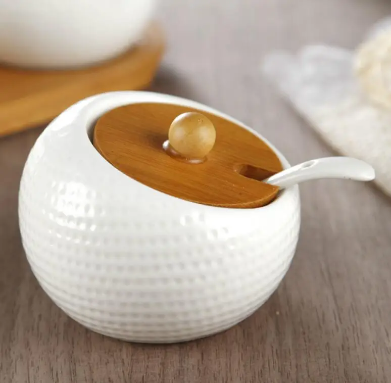 High quality round shape slanted storage custom white kitchen 3 pcs spice ceramic canister with wooden lid