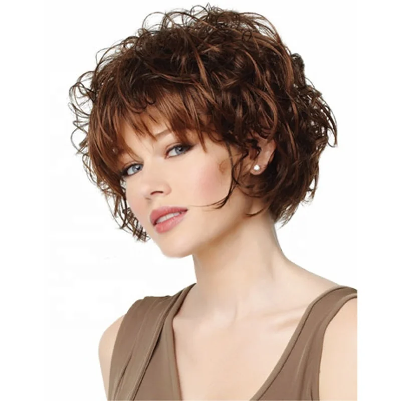 2021 fashion style wig heat resistant  rose net fluffy short roll fluffy wave brown bangs synthetic hair wigs for women