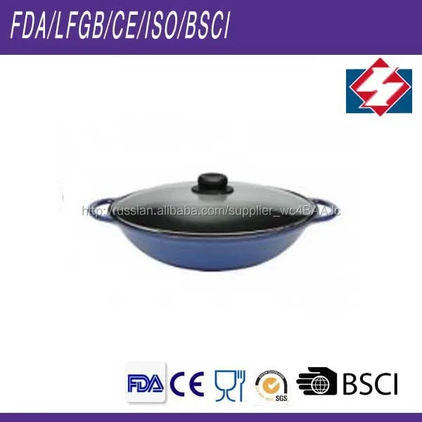 Лучшие продажи эмаль чугуна профессиональный вок с крышкой и плоским уши