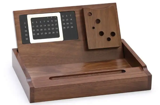 Wooden Multi-function Desk Stationery Organizer Storage Box With Perpetual Calendar