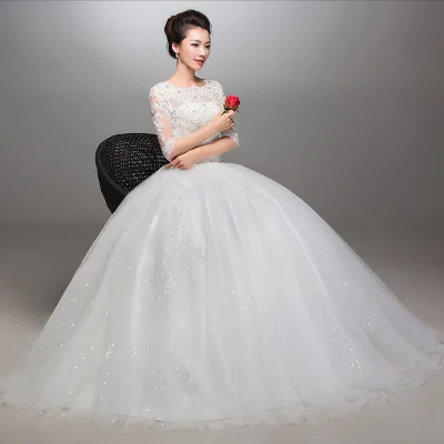 ZH0199X Hot Selling Medium Long Sleeves Round Collar Wedding Dresses Lacebandage Skirt Bridal Gown Plus Size