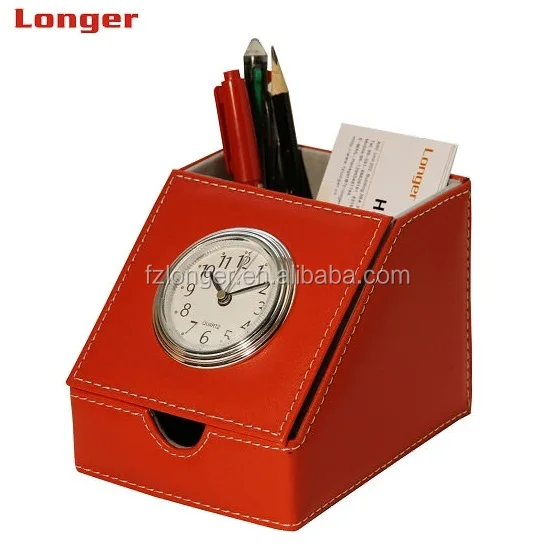 LG-B001 Pu leather handmade rectangle table deco plastic pen holder alarm clock for car remote storage box for office use