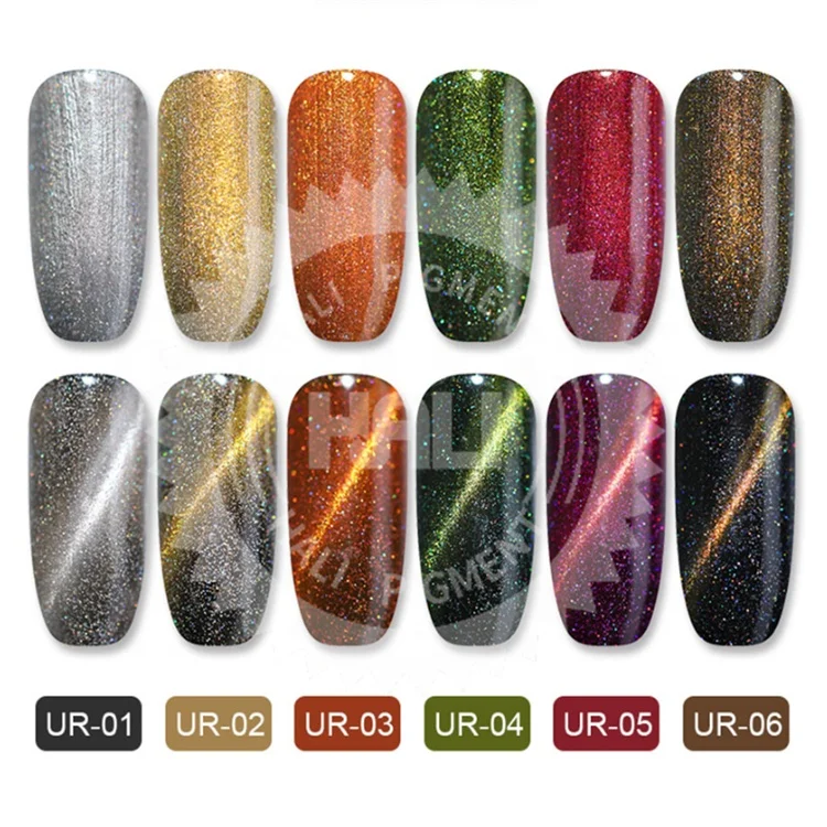 Hali Newest nail art 6 spark color starry 3D Metal Chameleon Colors Change Magnetic Cat Eyes Gel Powder Lacquers Nail Polishes