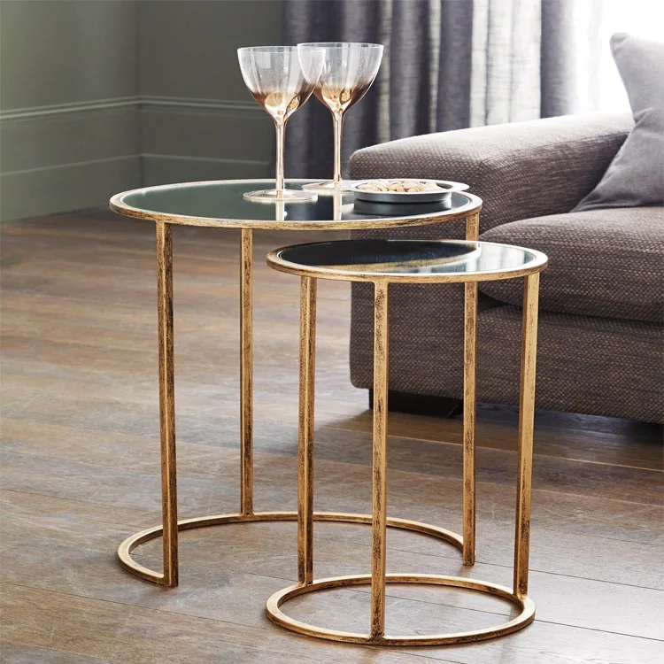 
Double Layers Mirror Tray Coffee Table Steel Iron Round Side Table with Metal Cross Folding Legs 