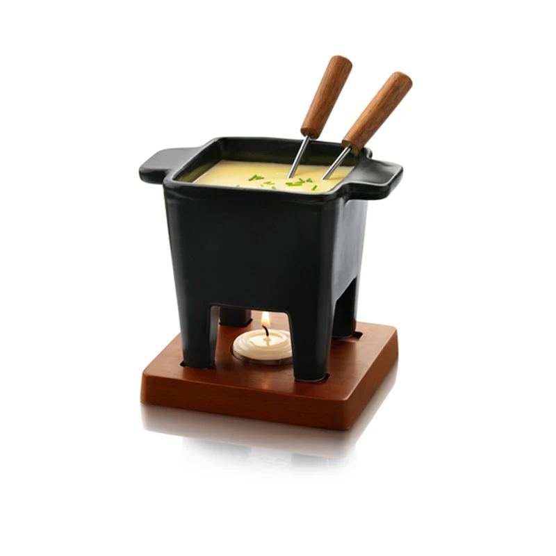 Four Feet Square Cheese Fondue Pot with Wooden Stand