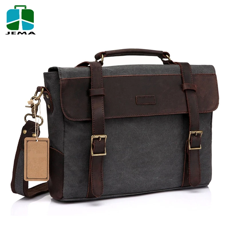 Casual Leather Canvas Messenger Bag men for 14 inch Laptop