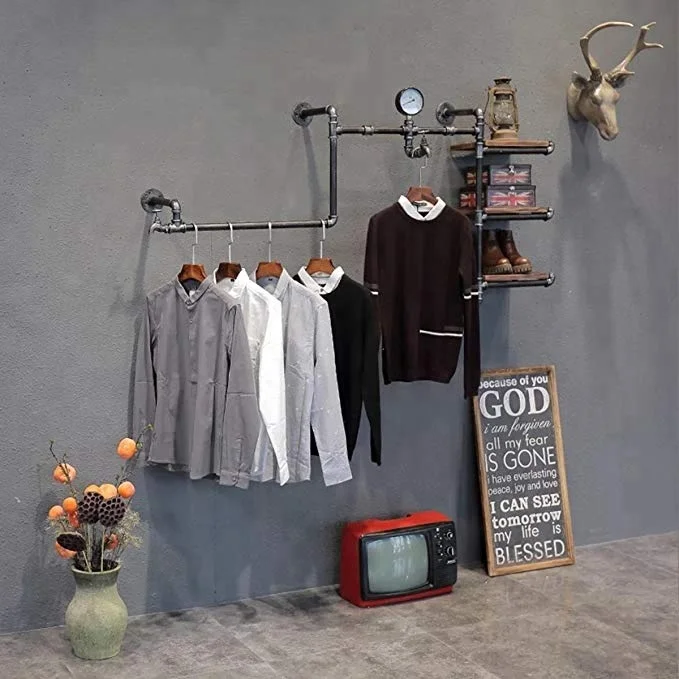 Industrial Retro Pipe Hung Clothing Rack Multi-function Wall Mounted Clothes Store Display Rack
