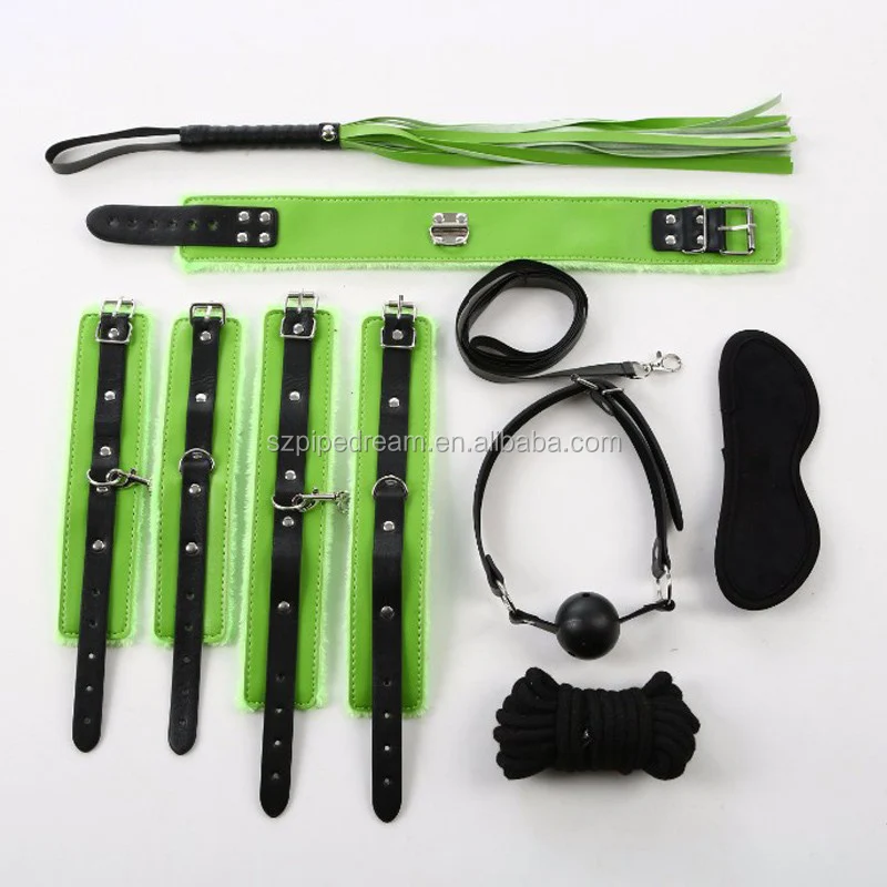 Sex Bondage Fetish BDSM Roleplay Handcuffs Whip Rope Blindfold Ball Gag with PU Leather Slave Bondage Kit Set