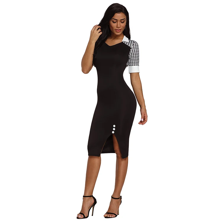 
Womens Houndstooth Patchwork Office Bodycon Dress 