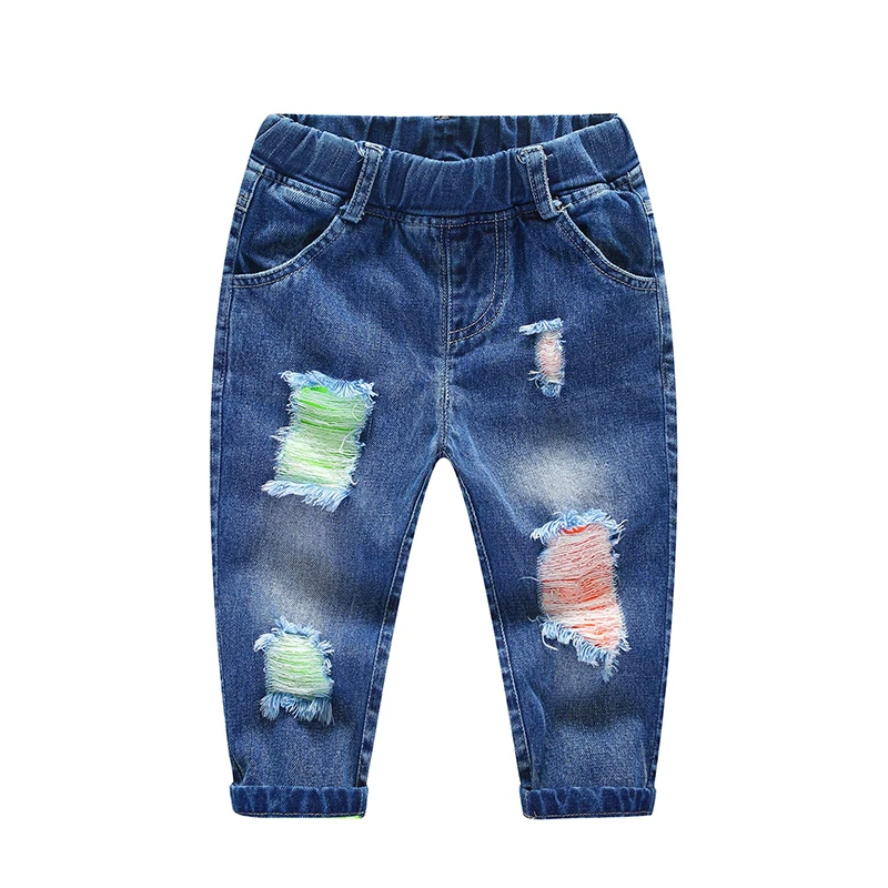 
2021 Newest Design Cool Kids Jeans Fashion Ripped Patchwork Causal Pants Color Fade Proof Breathable Feature Baby Boys Trousers 