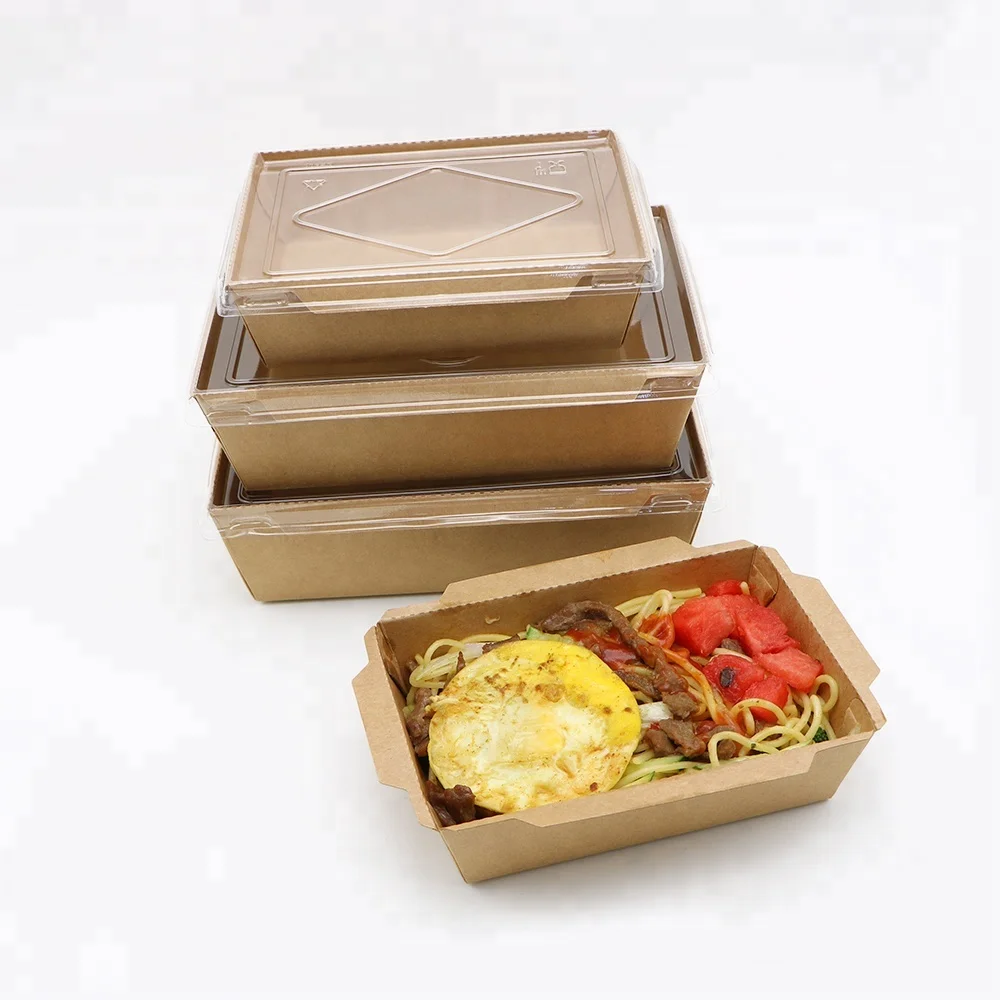 Food Grade kraft Paper food box with clear plastic cover for restaurant packaging box