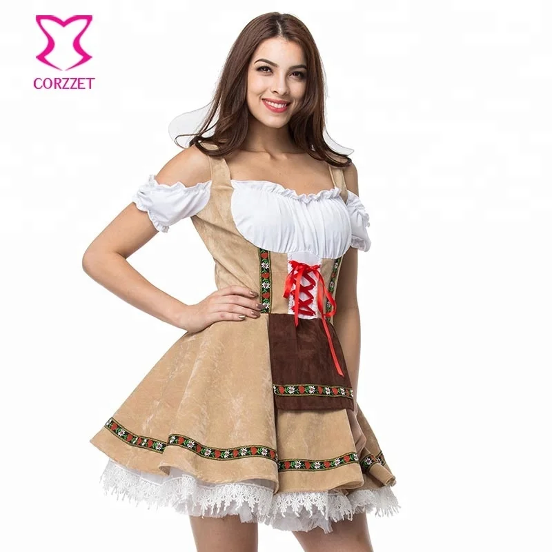 Corzzet Modern Apricot Deutsch Traditional Dirndl with Offer Shoulder Classic Oktoberfest Maid Costume Halloween Cosplay Uniform