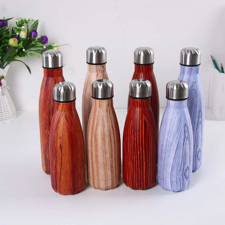 Wholesale custom 350ml double wall stainless steel wood grain no sweat insulated vacuum travel water bottle