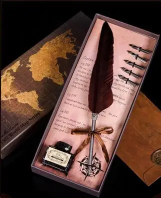Bview Art 12 Colors Antique Copper Feather Pen with Ink and Steel Tips Calligraphy Quill Pen Gift Set For Drawing