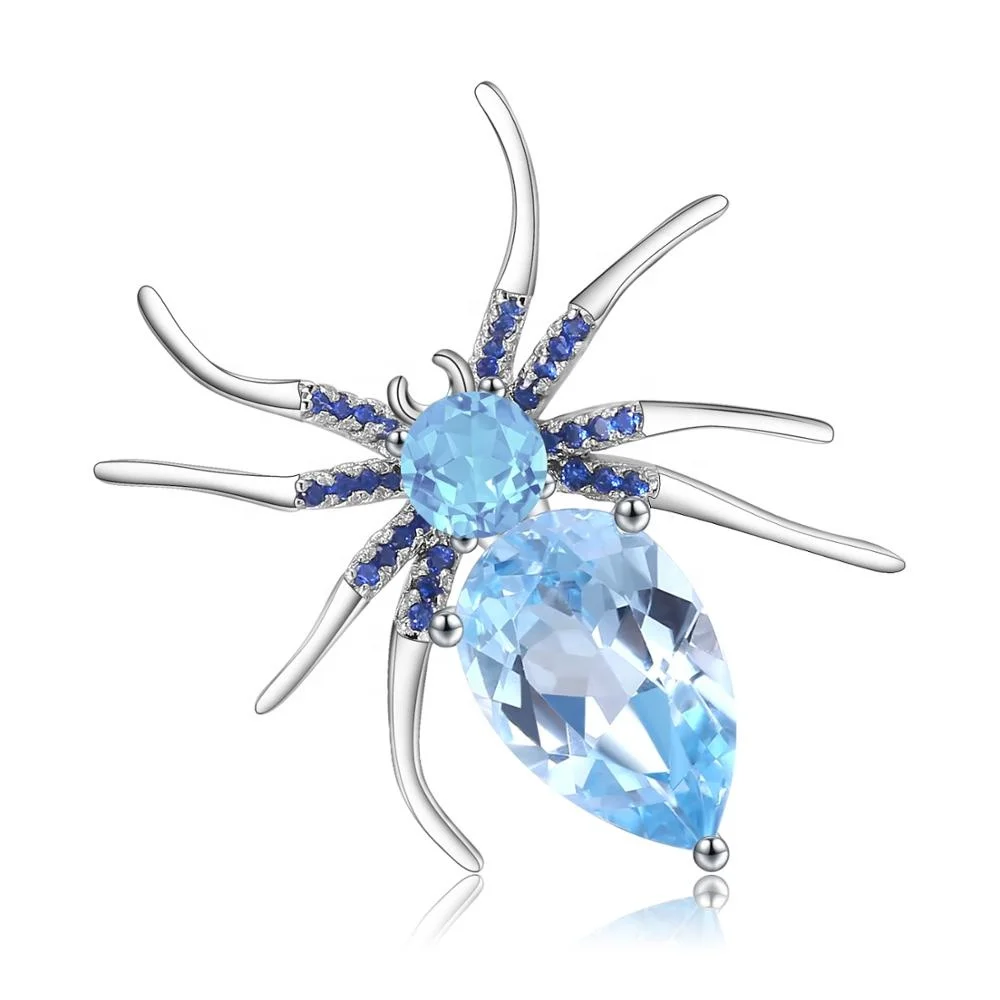 Abiding  Natural Sky Blue Topaz Spider Pendant Jewelry 925 Sterling Sliver Brooches For Women Dresses Brooch Vintage Pendant