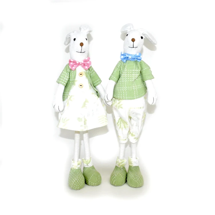 Spring Home Decor Rabbit Figure Ornament Dolls Holiday Gifts Green Fabric Stuffed Standing Bunny For Easter