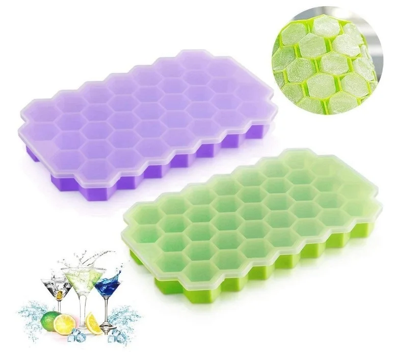 Best Selling Flexible Durable BPA Free 37 Cavities Honeycomb Shaped Silicone Ice Cube Trays with Lid