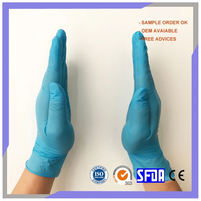 Household Cheap Waterproof Oil Resistant Blue Disposable Pure Nitrile Gloves Powder Free