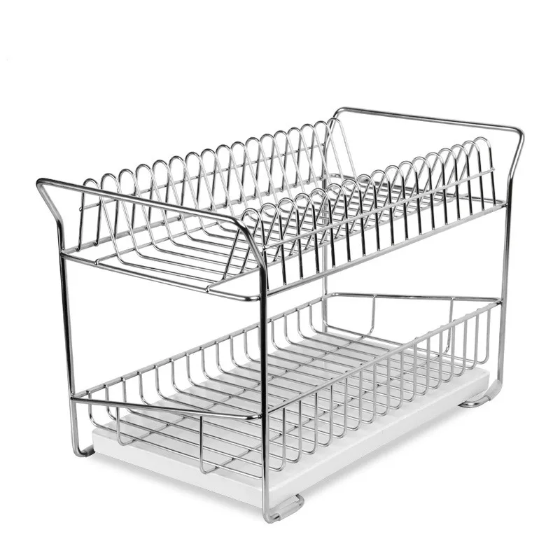 wholesale 2-tier Stainless Steel Kitchen Sinkware Plate Tray Metal Dish Drying Rack With Drip Tray