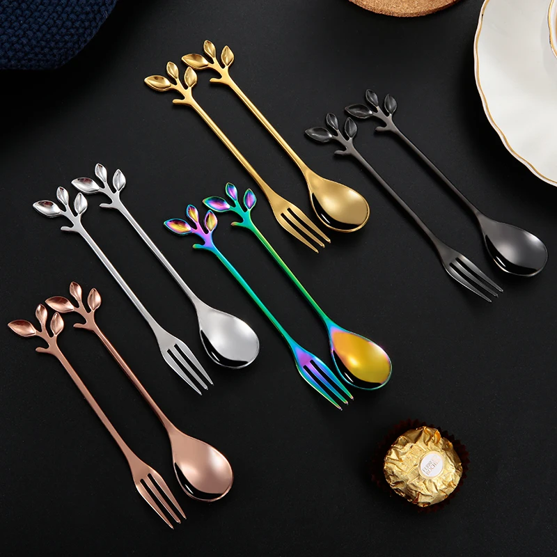 Hot Sale Stainless Steel coffee spoon fruit fork for gift  gold leaf spoon fork set