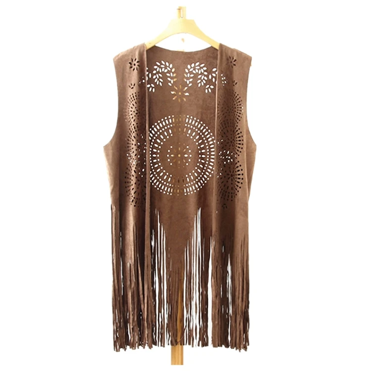
women fashion laser engraving fake suede vest with fringes at bottom 