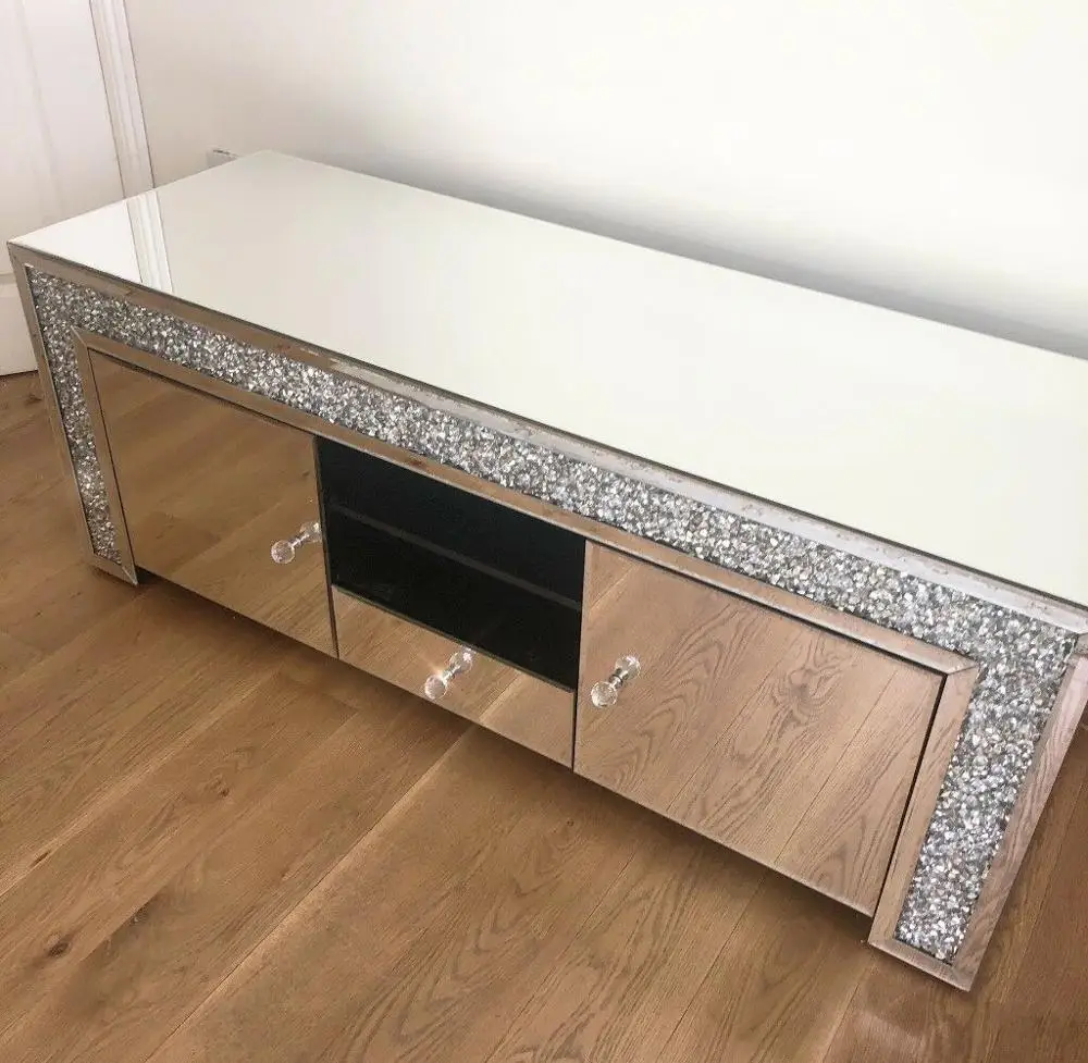 Sparkly Mirrored TV Stand  2 Door 1 Drawer Crushed Diamonds Long Bench For Living Room