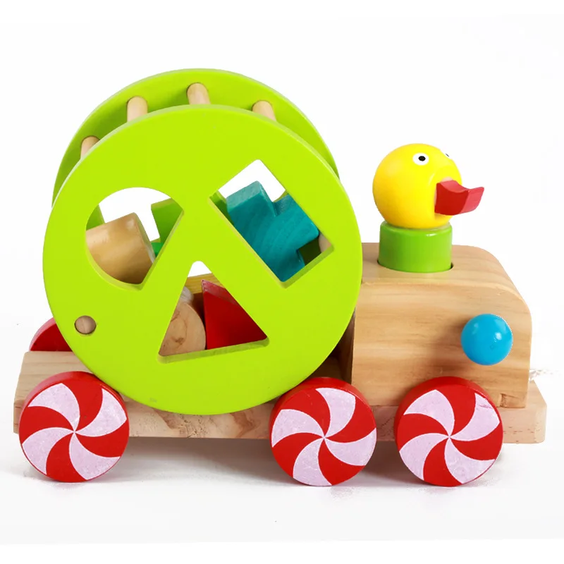 wholesale Children wooden Educational String duck pulling car toys with shape sort blocks toys for kids WPT008
