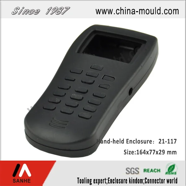 Plastic electronic hand-held enclosure with window and keypad