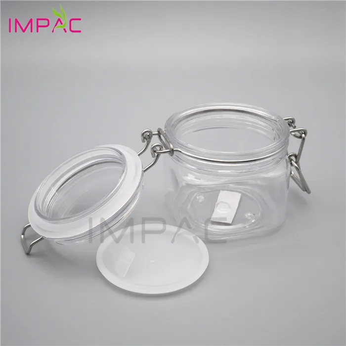 pop plastic seal square clear bath salts container 200ml with metallic lock