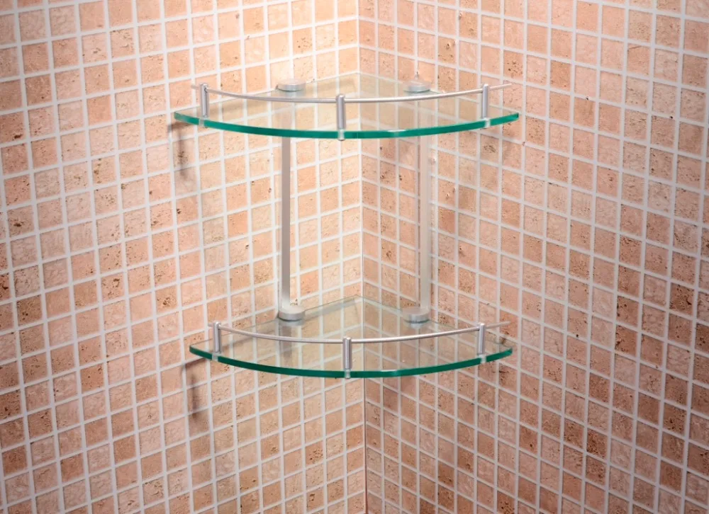 
hotel style bathroom accessories double tier triangle wall glass corner shelf 