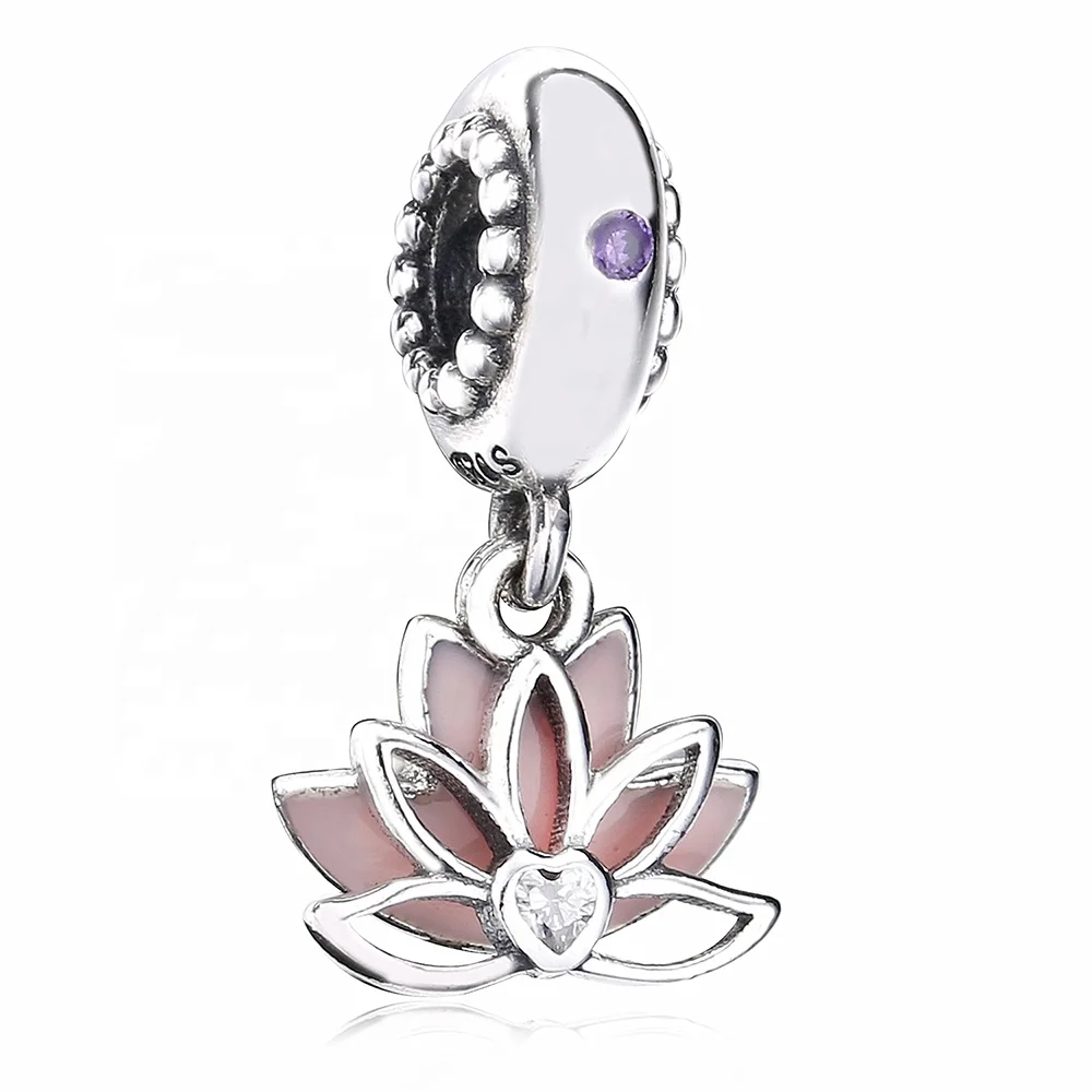 925 Sterling Silver Lucky Pink Lotus Flower Charms Beads For Famous Brand Bracelet Silver Charms flower heart necklace
