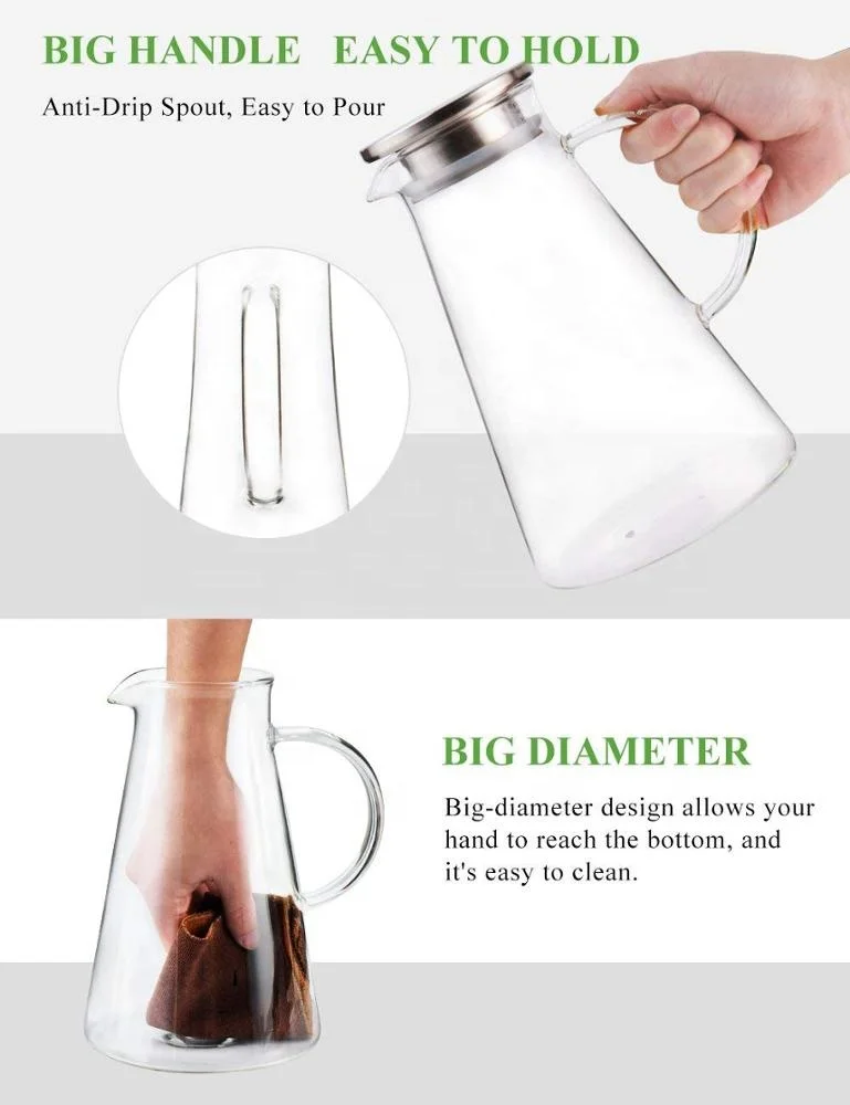 2000ml Clear Borosilicate Glass Water Pitcher Carafe Jug With Stainless Steel Lid For Homemade Juice