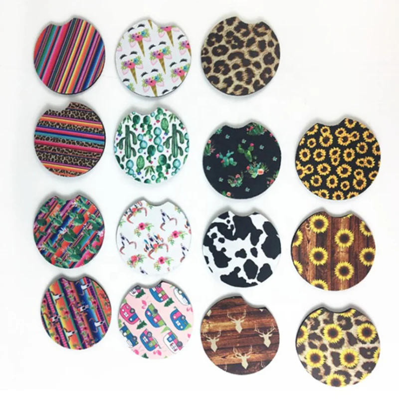 
Hot Sale Sunflower Leopard Cow Neoprene Car Coaster Coffee Cup Mat 